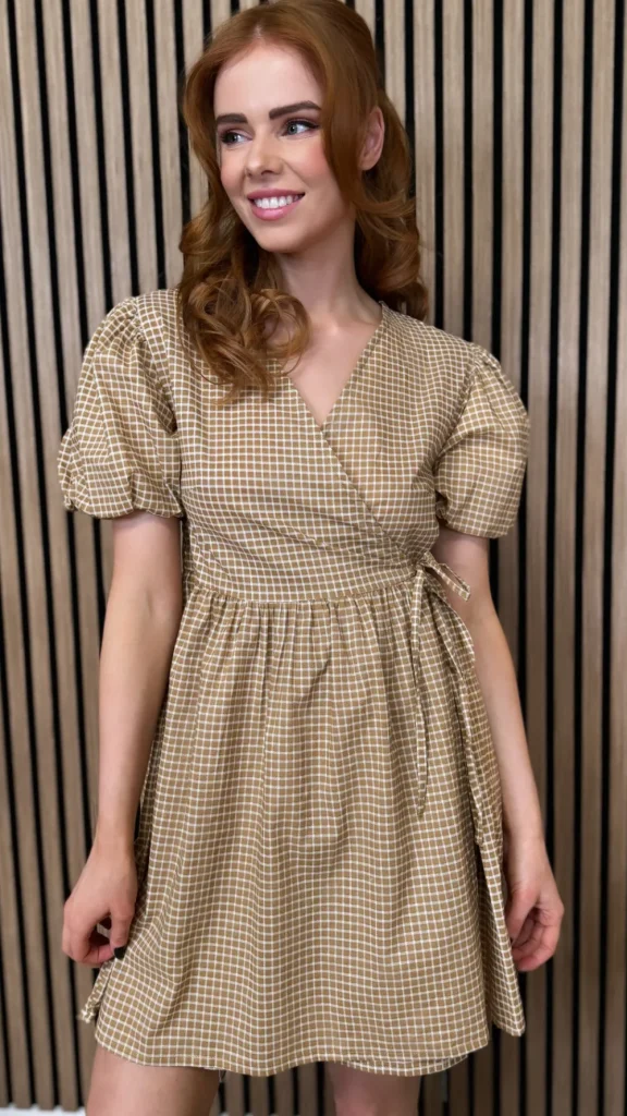 INFLUENCE Going Out Dresses | Occasion Dresses^Martha Taupe Checked Wrap Puff Sleeve Tie Detail Mini Dress
