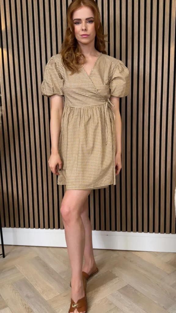 INFLUENCE Going Out Dresses | Occasion Dresses^Martha Taupe Checked Wrap Puff Sleeve Tie Detail Mini Dress