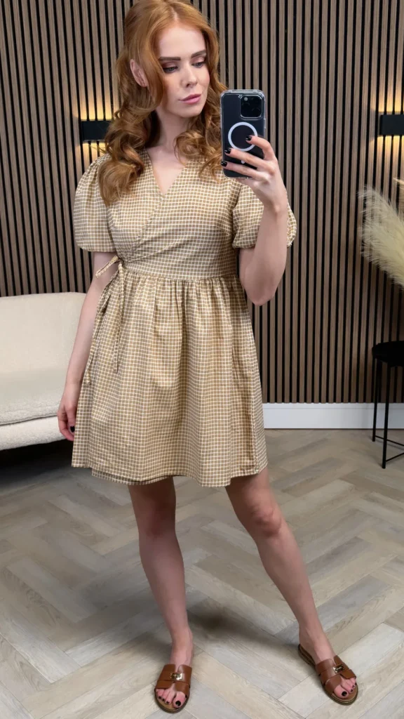 INFLUENCE Going Out Dresses | Occasion Dresses^Martha Taupe Checked Wrap Puff Sleeve Tie Detail Mini Dress