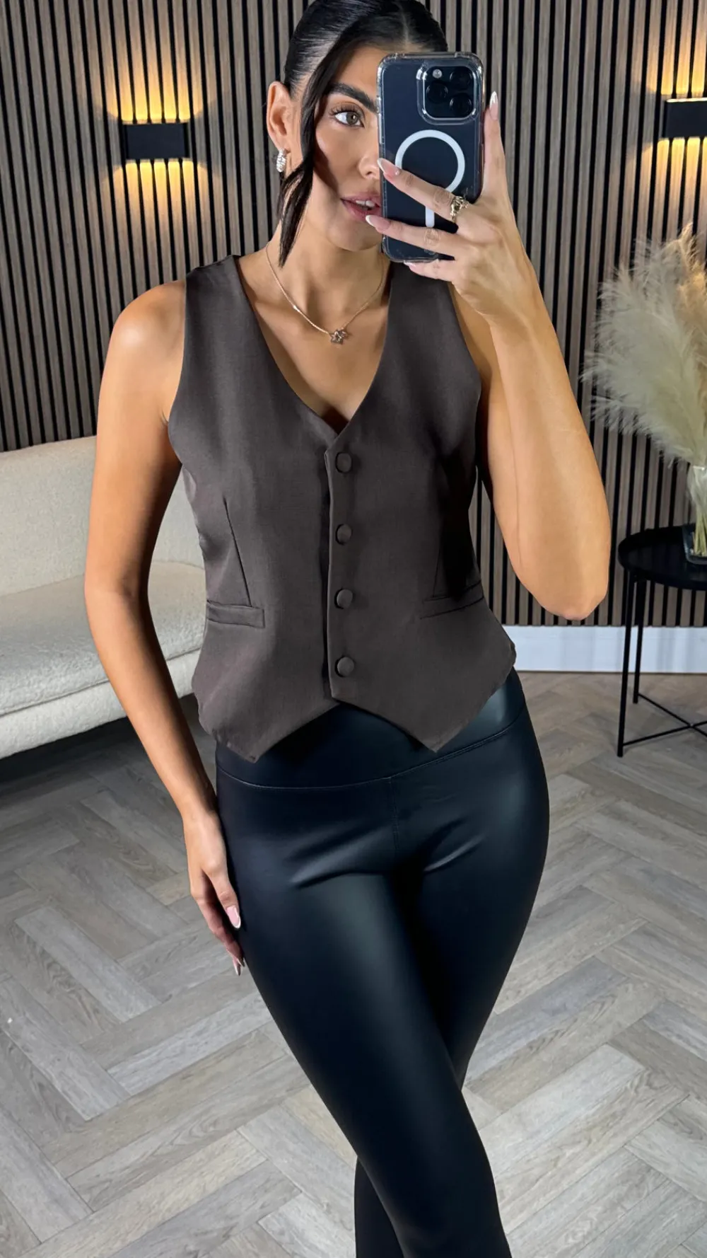 maude_chocolate_brown_but_3.webp SEVEN SEPT Tops^Maude Chocolate Brown Button Down Waistcoat
