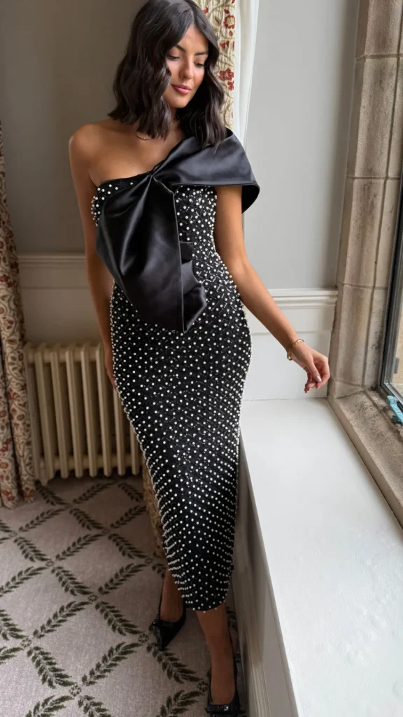 FP & CO Going Out Dresses | Occasion Dresses^Maybelle Black Large Bow Detail One Shoulder Embellished Midi Dress
