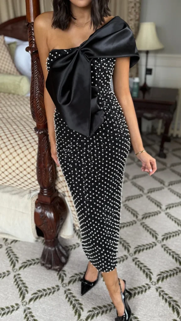 FP & CO Going Out Dresses | Occasion Dresses^Maybelle Black Large Bow Detail One Shoulder Embellished Midi Dress