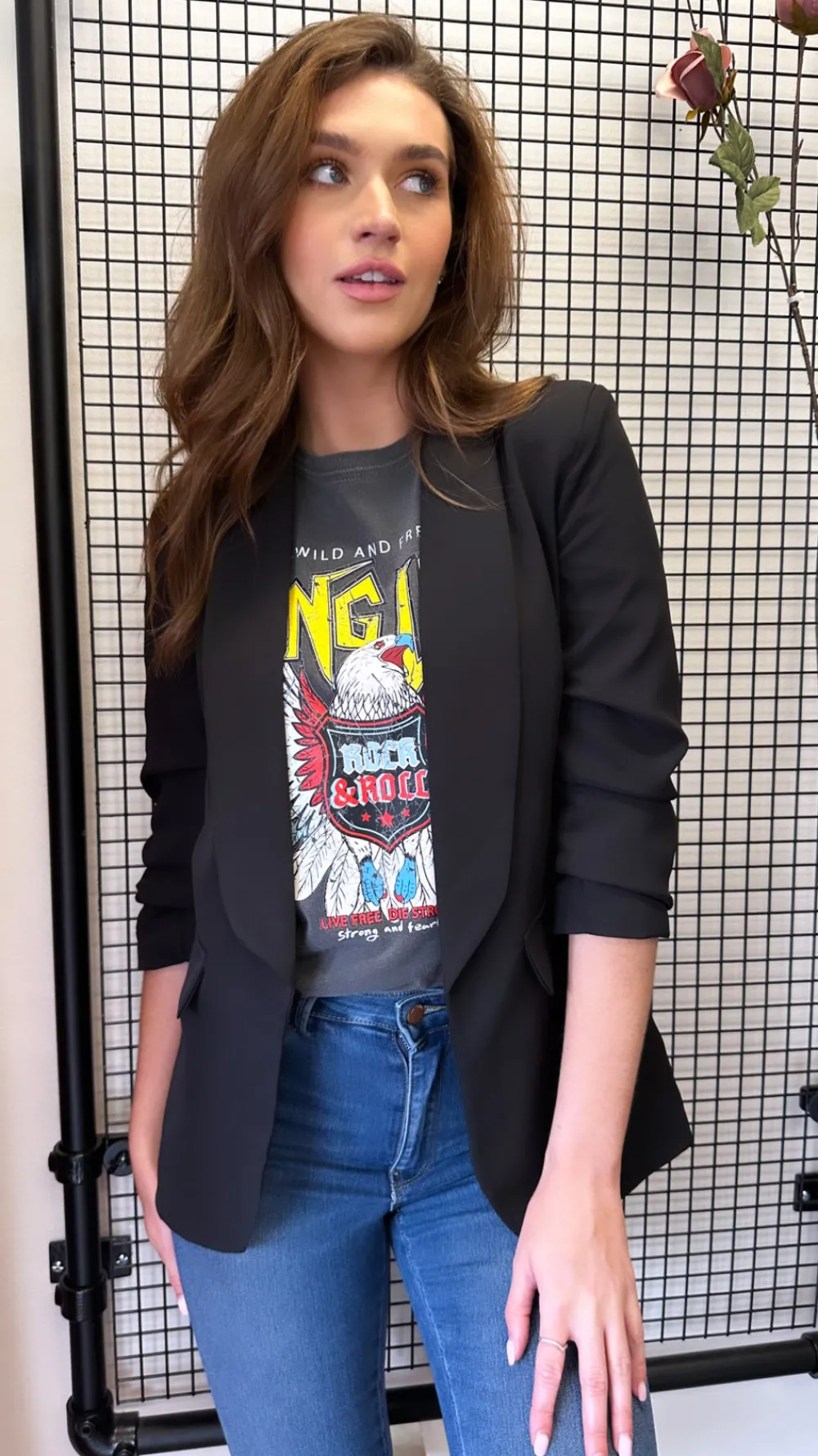 mckinley_black_ruched_sle_2.webp MISS LINDA Blazers^McKinley Black Ruched Sleeve Blazer