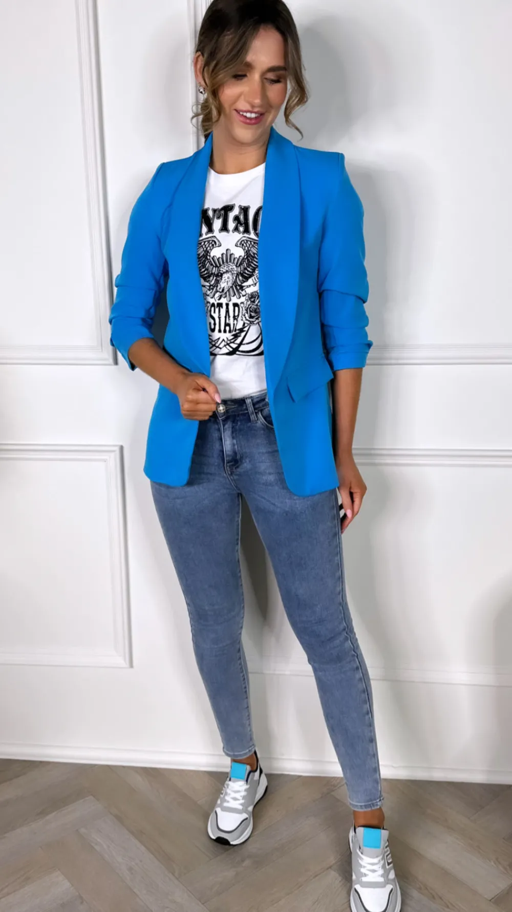 mckinley_bright_blue_ruch_2.webp MISS LINDA Blazers^McKinley Bright Blue Ruched Sleeve Blazer