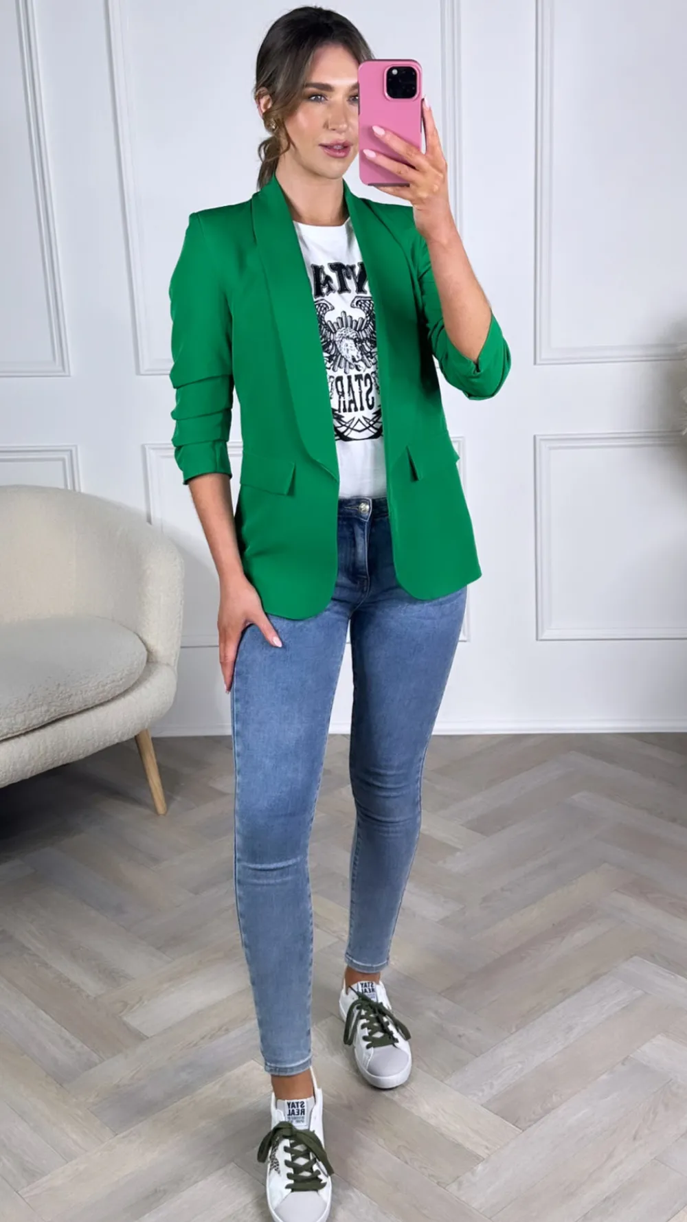 mckinley_bright_green_ruc_0.webp MISS LINDA Blazers^McKinley Bright Green Ruched Sleeve Blazer