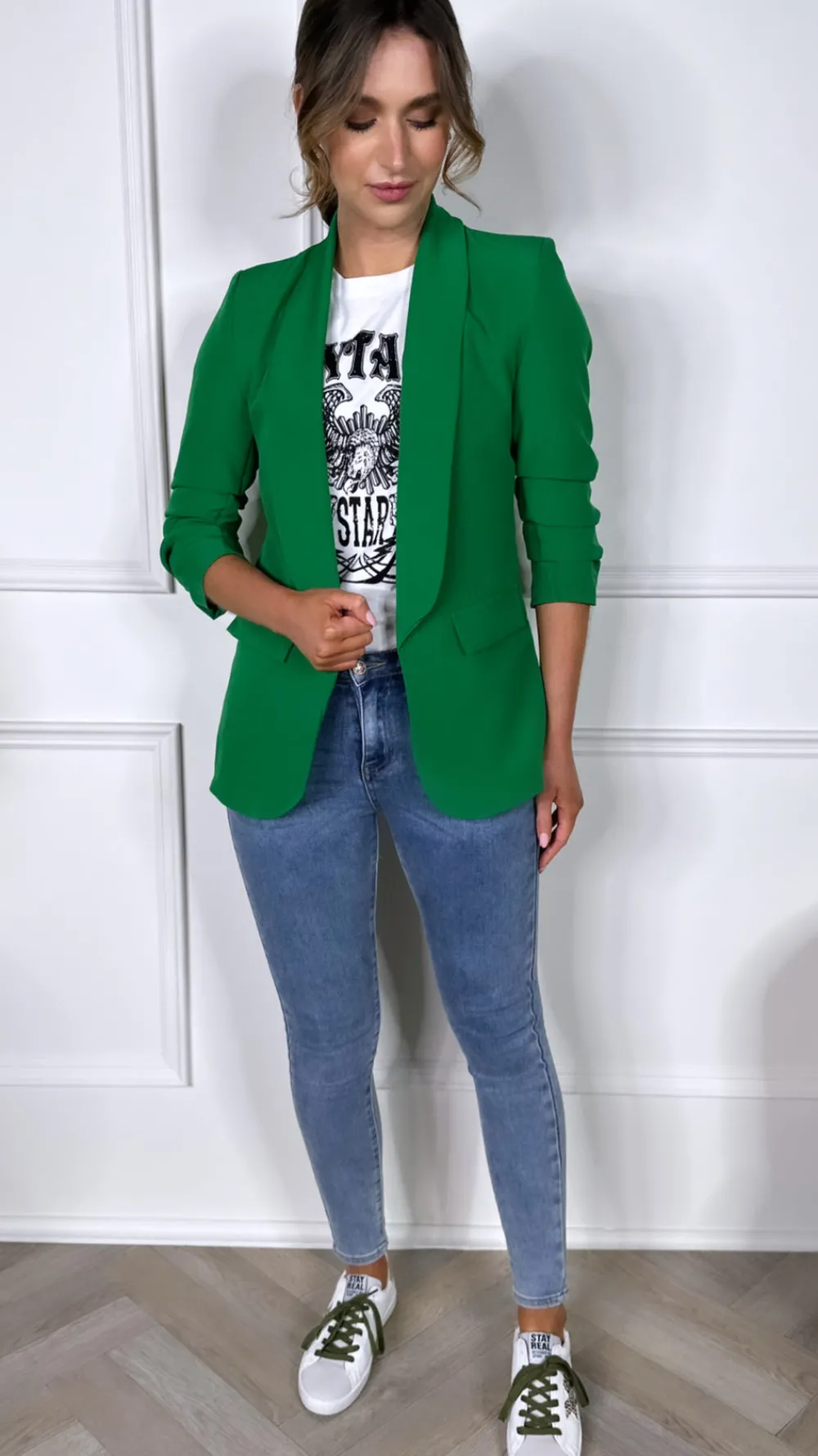 mckinley_bright_green_ruc_2.webp MISS LINDA Blazers^McKinley Bright Green Ruched Sleeve Blazer