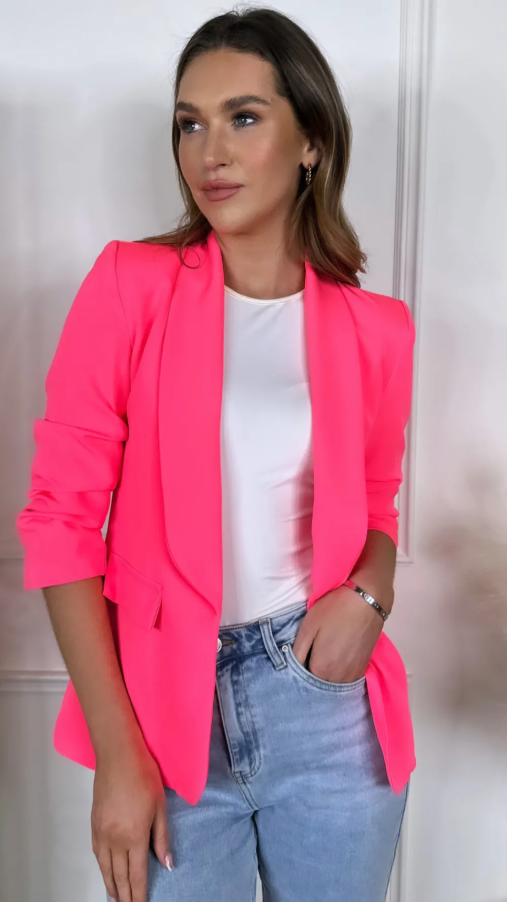 mckinley_bright_pink_ruch_2.webp MISS LINDA Blazers^McKinley Bright Pink Ruched Sleeve Blazer