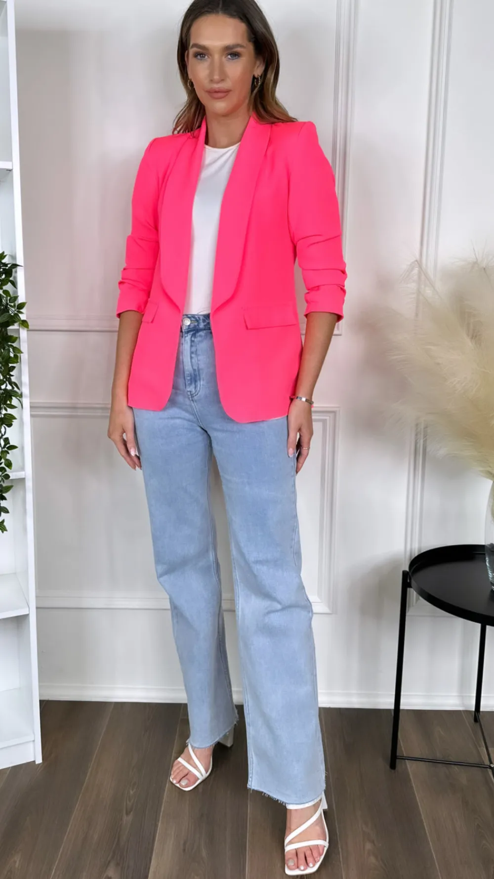 mckinley_bright_pink_ruch_3.webp MISS LINDA Blazers^McKinley Bright Pink Ruched Sleeve Blazer