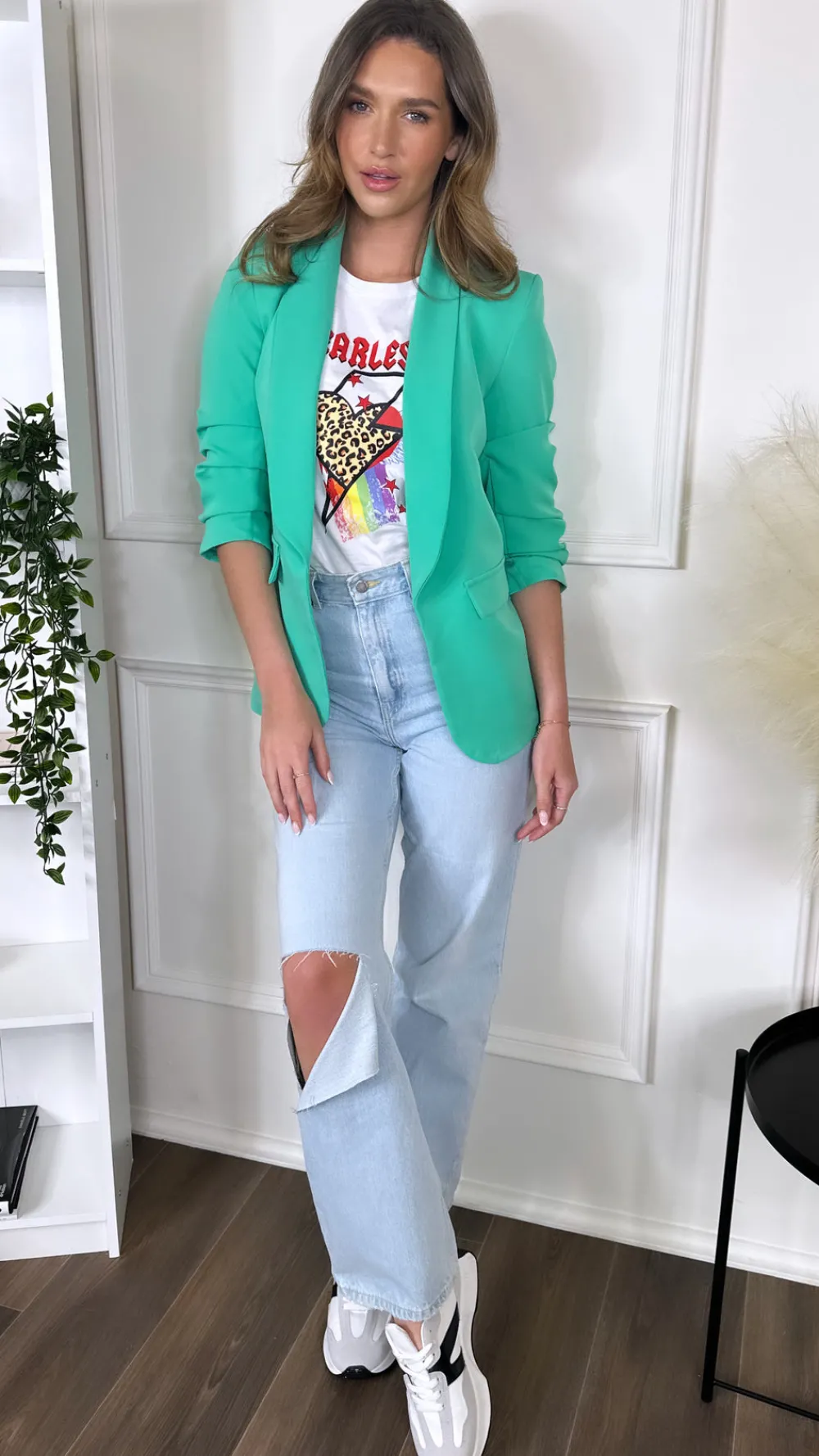 mckinley_light_green_ruch_3.webp MISS LINDA Blazers^McKinley Light Green Ruched Sleeve Blazer