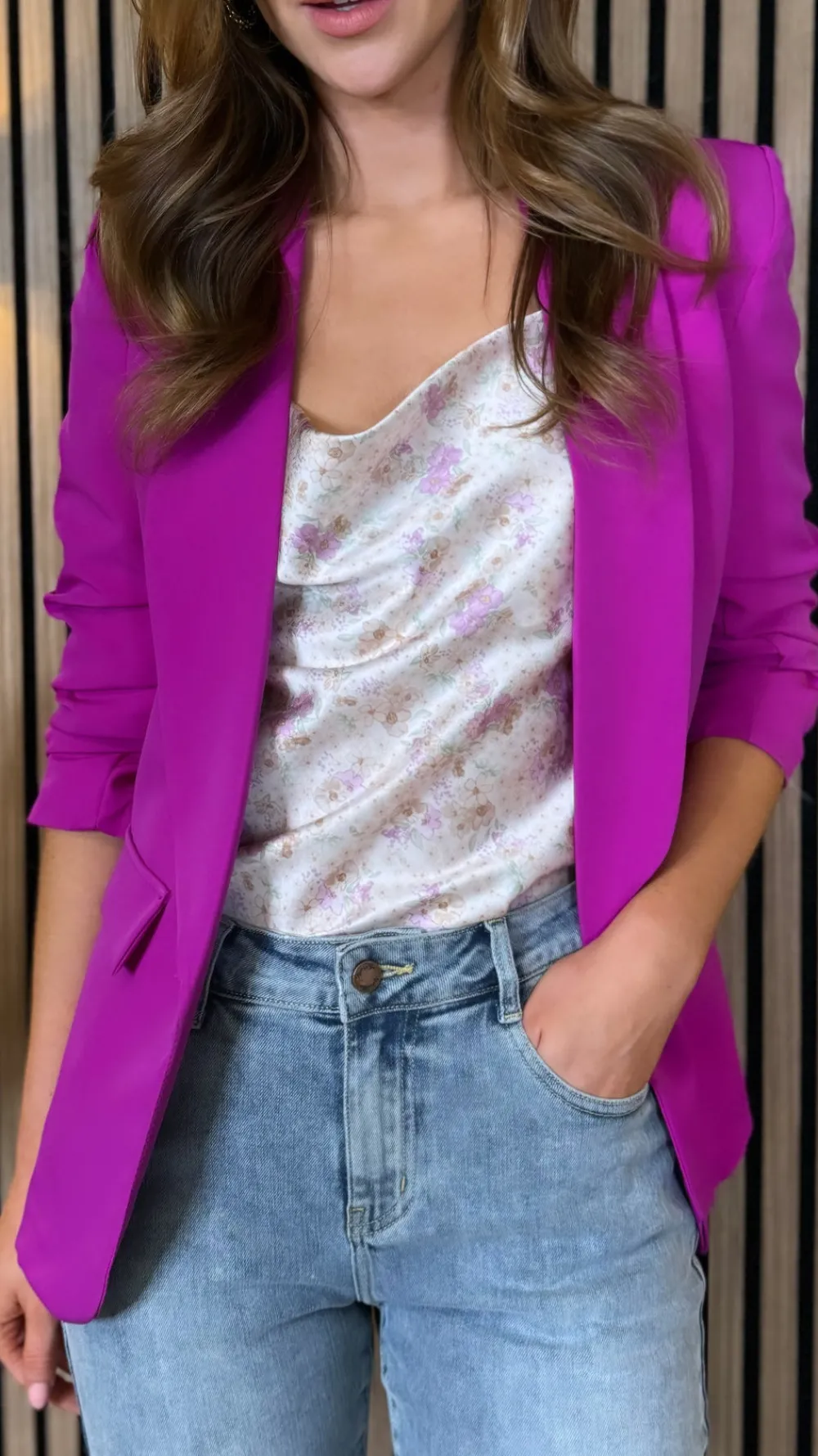 mckinley_magenta_ruched_s_0.webp MISS LINDA Blazers^McKinley Magenta Ruched Sleeve Blazer