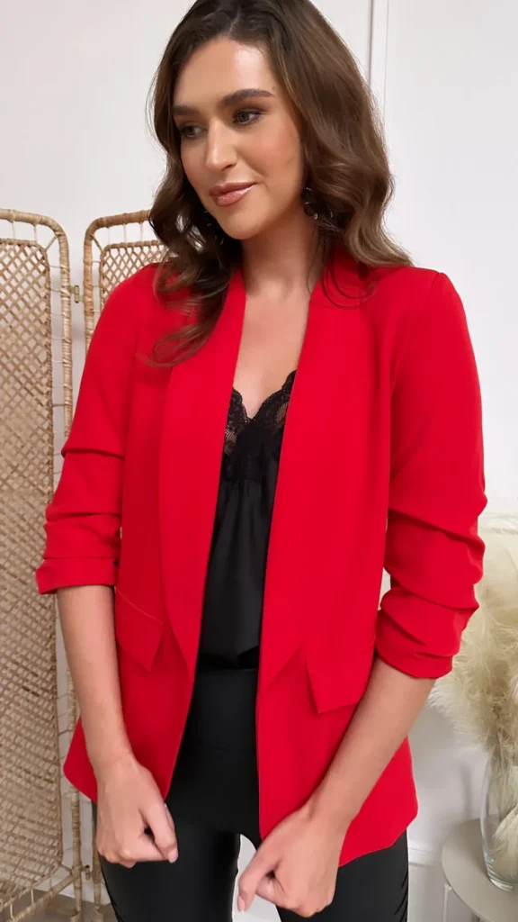 MISS LINDA Blazers^Mckinley Red Ruched Sleeve Blazer