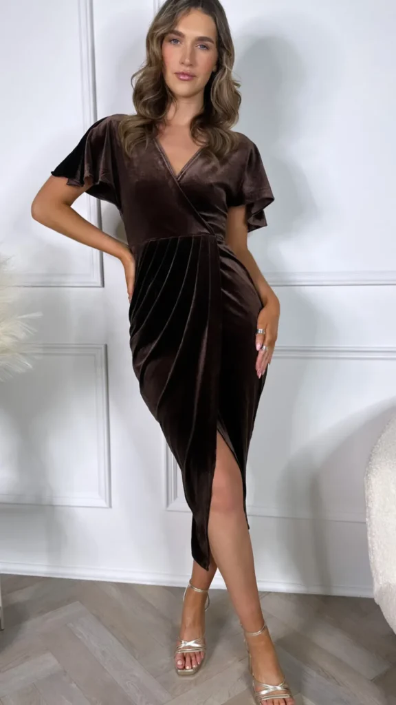 WHTWOS Going Out Dresses | Occasion Dresses^Meggie Brown Velvet Wrap Over Maxi Dress