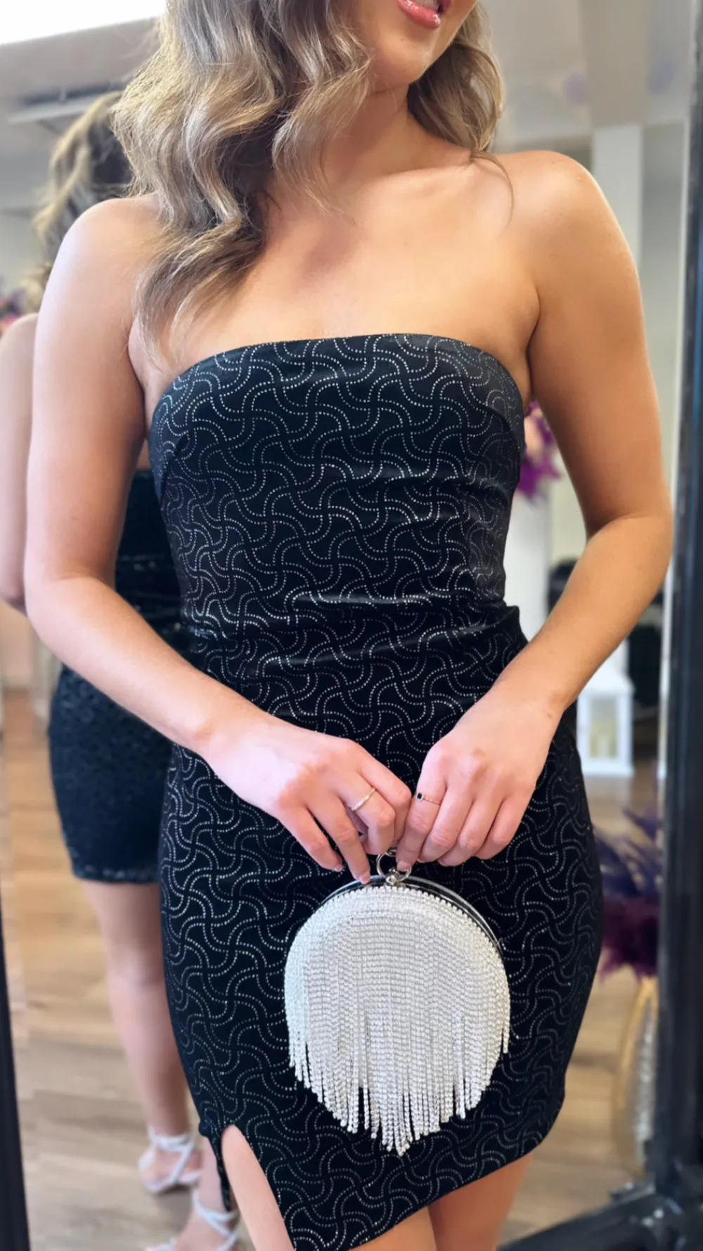melrose_black_sparkle_ban_2.webp NOVA Going Out Dresses | Occasion Dresses^Melrose Black Sparkle Bandeau Velvet Mini Dress