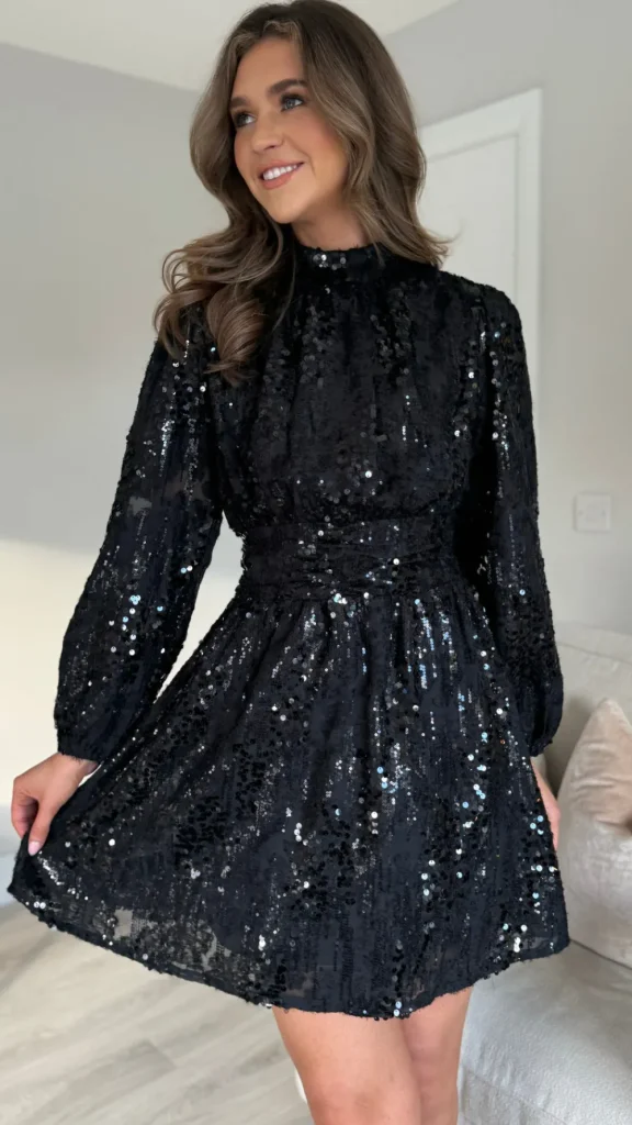 ELINA STUDIO Going Out Dresses | Occasion Dresses^Merla Black Sequin High Neck Belted Mini Dress