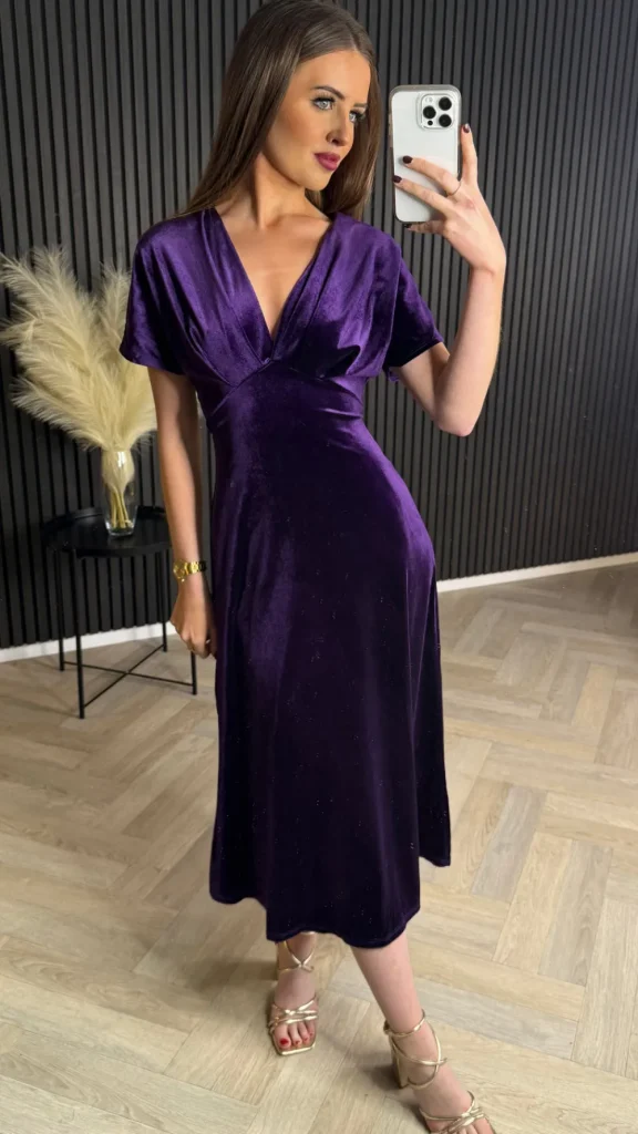 COPPEROSE Going Out Dresses | Occasion Dresses^Merritt Purple V Neckline Velvet Finish Midi Dress