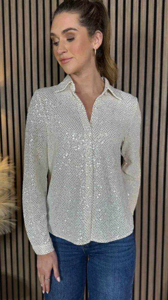 UNIKA Tops^Milani Beige Sequin Detail Shirt