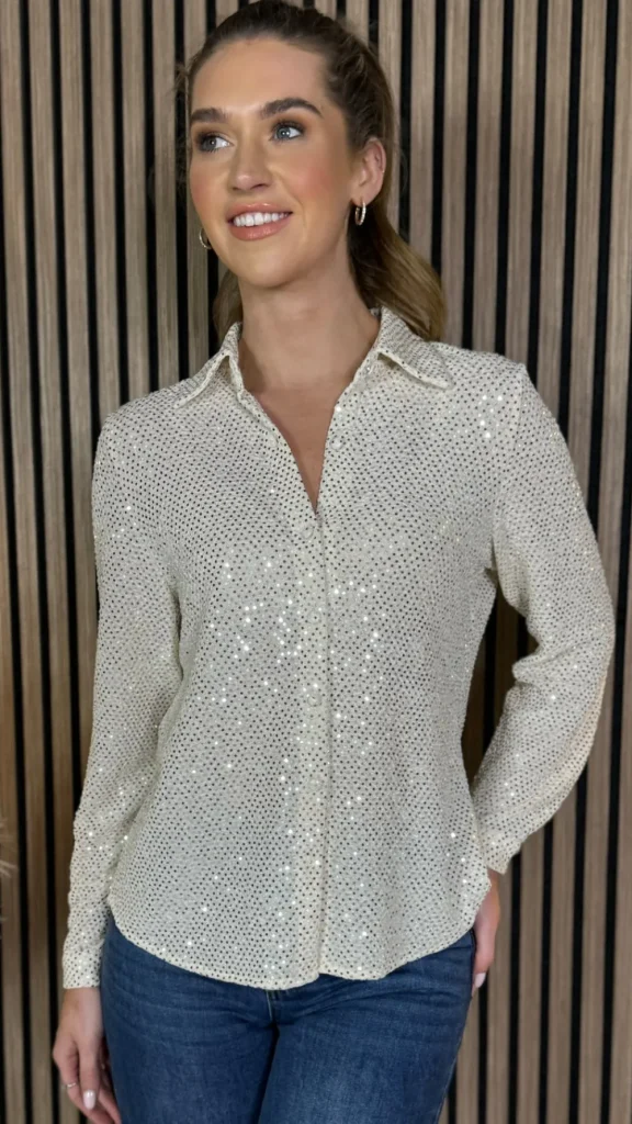 UNIKA Tops^Milani Beige Sequin Detail Shirt