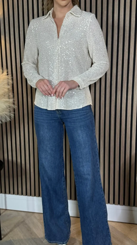 UNIKA Tops^Milani Beige Sequin Detail Shirt