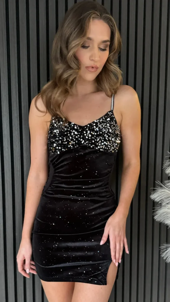 LUCCE Fitted Dresses | Going Out Dresses^Mindy Black Shimmer Detail Sequin Top Cami Strap Mini Dress