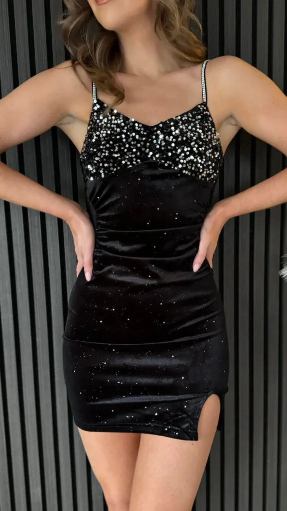 LUCCE Fitted Dresses | Going Out Dresses^Mindy Black Shimmer Detail Sequin Top Cami Strap Mini Dress
