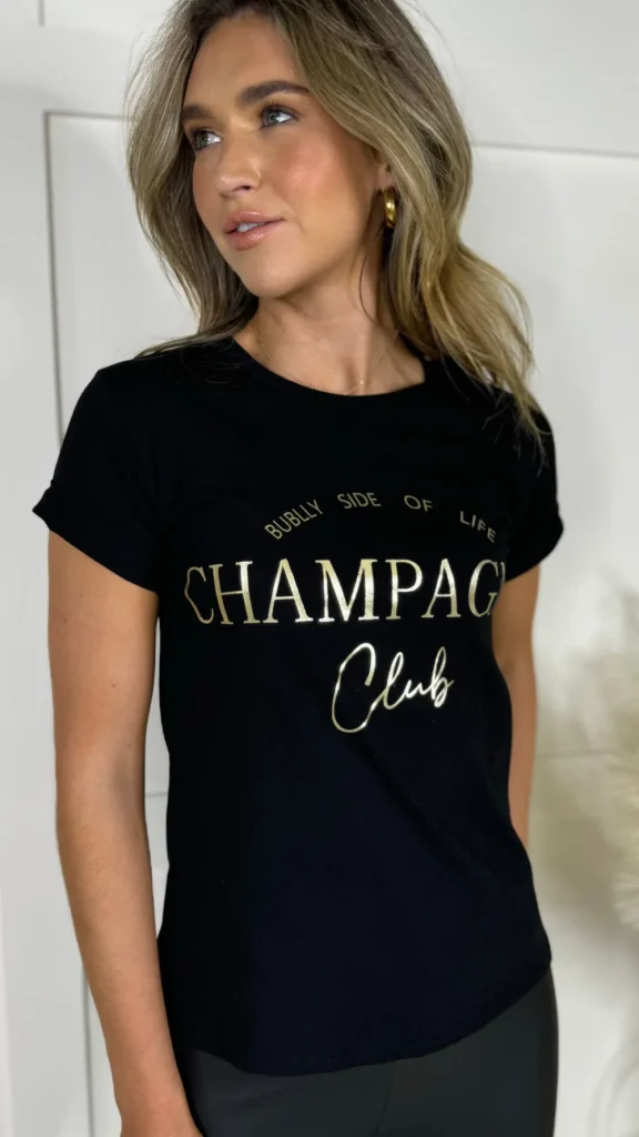ESTEE BROWN Tops^Mira Black 'Champagne Club' Slogan Printed T Shirt