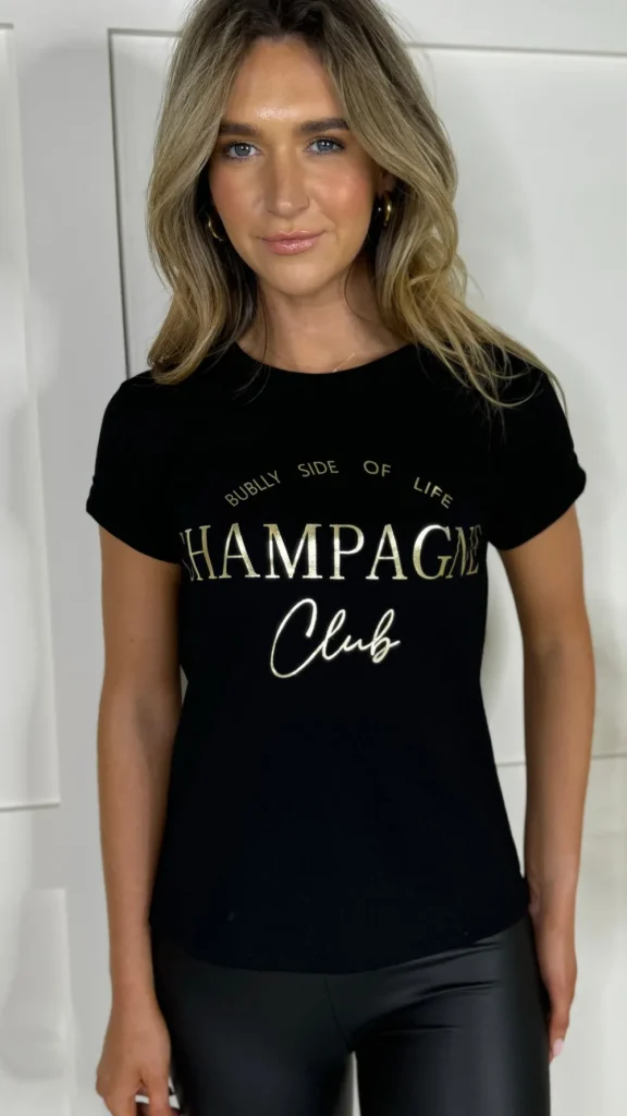 ESTEE BROWN Tops^Mira Black 'Champagne Club' Slogan Printed T Shirt