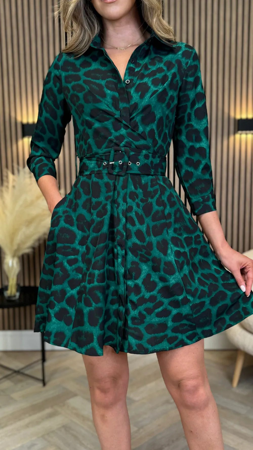 mitchell_green_leopard_pr_4.webp GIRL IN MIND Fitted Dresses | Going Out Dresses^Mitchell Green Leopard Print Wrap Detail Mini Shirt Dress