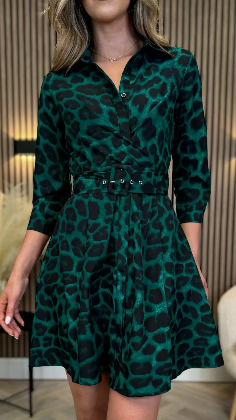 mitchell_green_leopard_pr_5.webp GIRL IN MIND Fitted Dresses | Going Out Dresses^Mitchell Green Leopard Print Wrap Detail Mini Shirt Dress