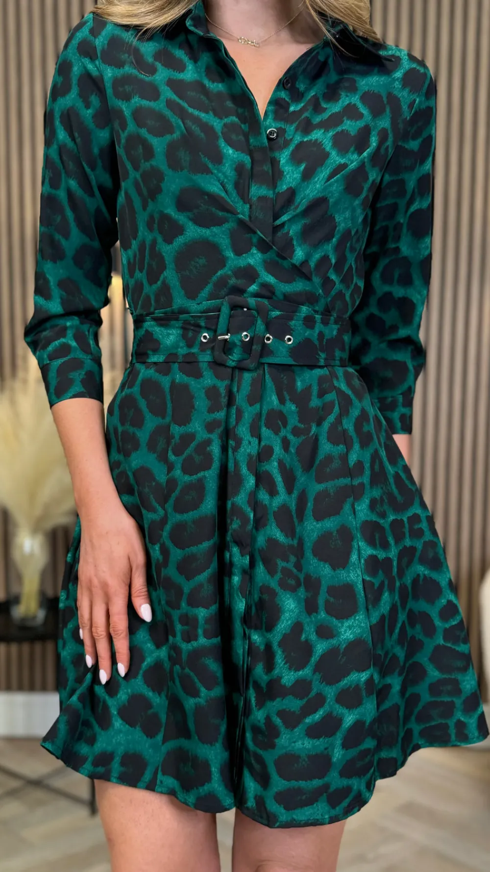mitchell_green_leopard_pr_6.webp GIRL IN MIND Fitted Dresses | Going Out Dresses^Mitchell Green Leopard Print Wrap Detail Mini Shirt Dress