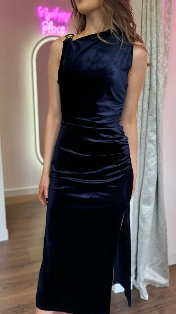 COPPEROSE Fitted Dresses | Going Out Dresses^Monroe Navy Velvet Finish Shoulder Detail Midi Dress