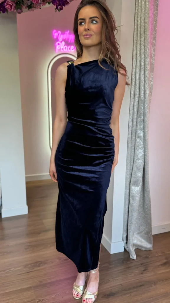 COPPEROSE Fitted Dresses | Going Out Dresses^Monroe Navy Velvet Finish Shoulder Detail Midi Dress