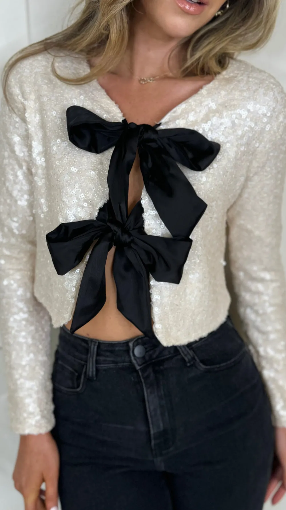 morgan_cream_sequin_with__0.webp BELLAVIE Tops^Morgan Cream Sequin With Black Bows Detail Top