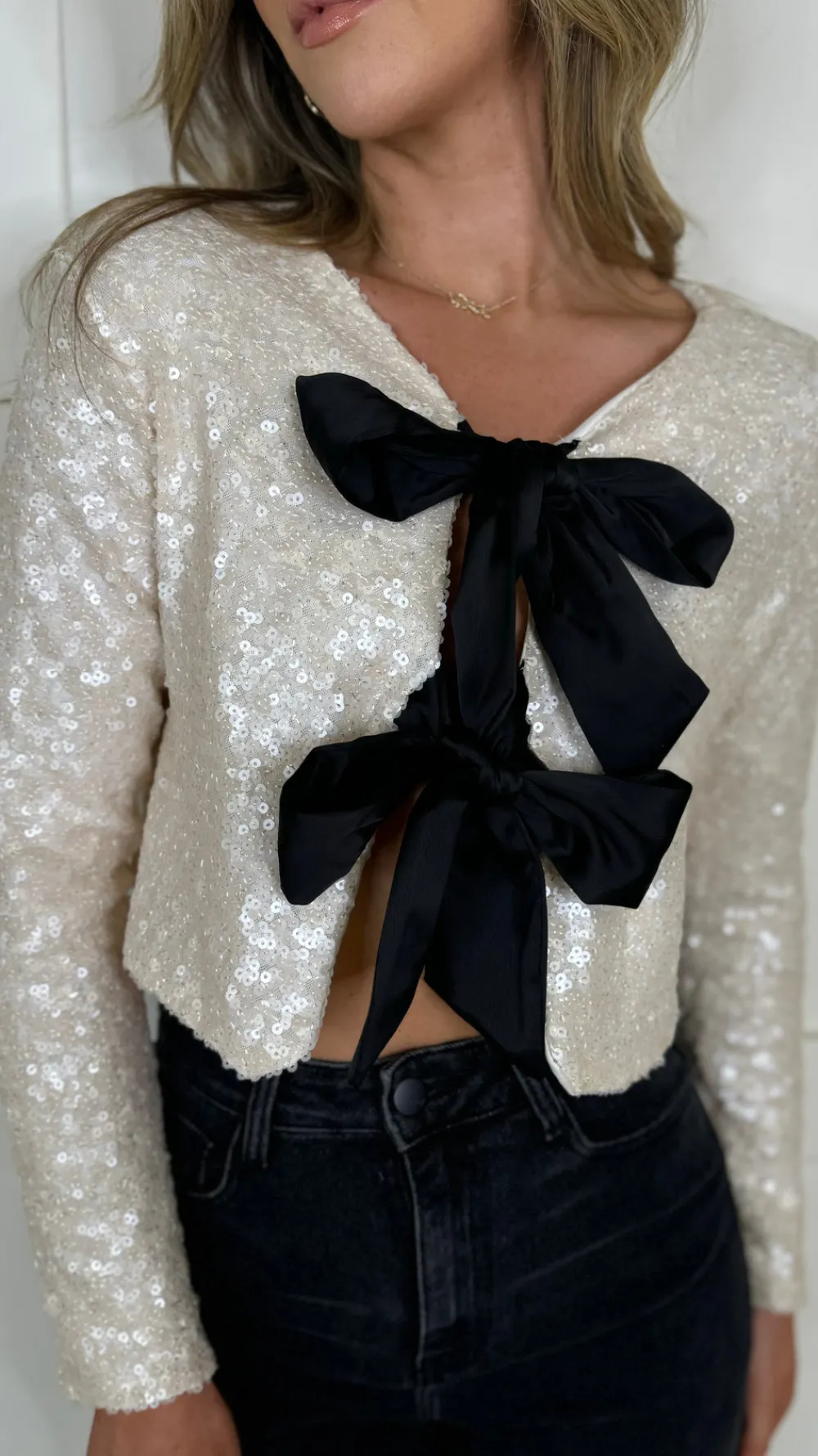 morgan_cream_sequin_with__1.webp BELLAVIE Tops^Morgan Cream Sequin With Black Bows Detail Top