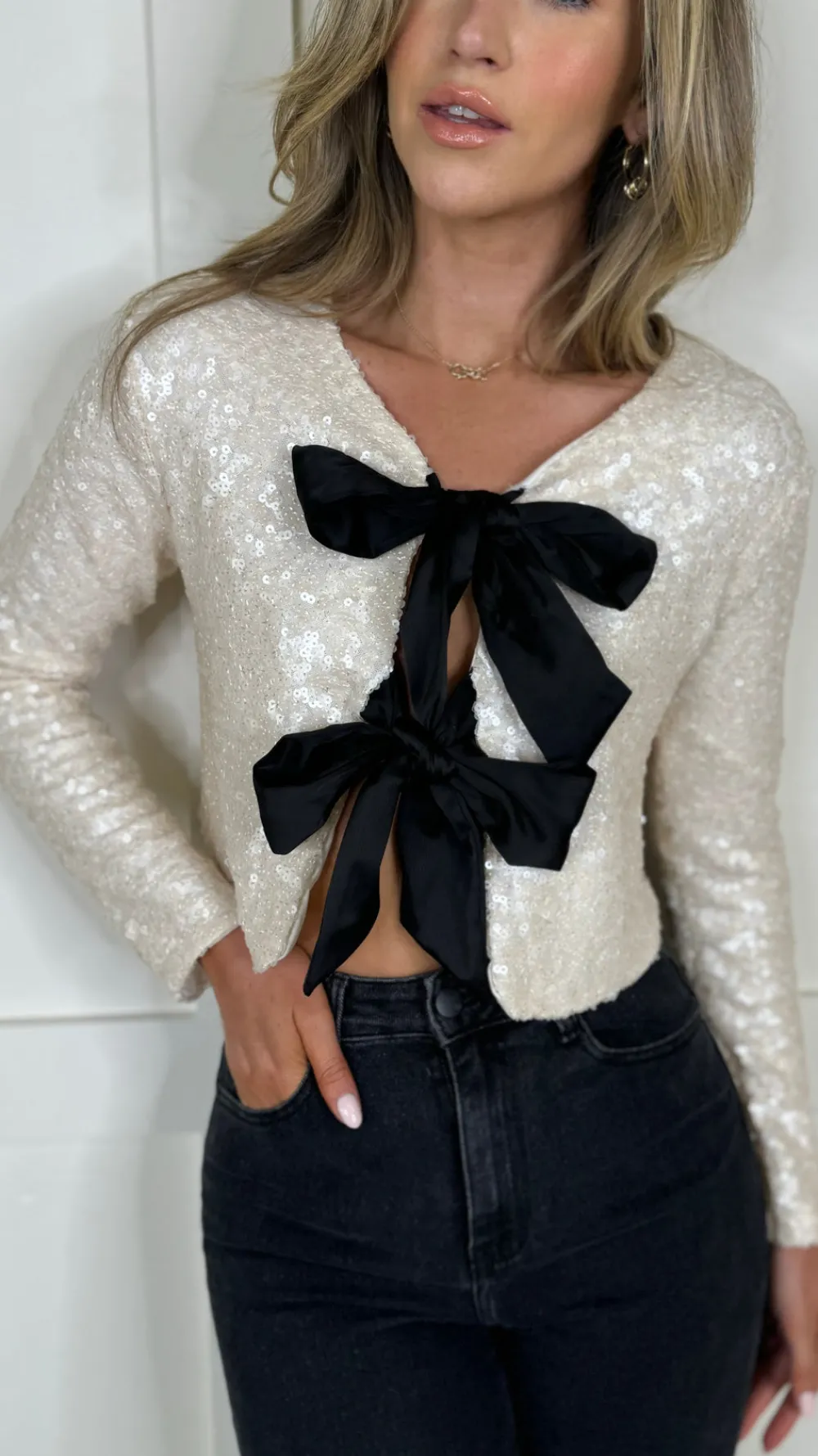 morgan_cream_sequin_with__2.webp BELLAVIE Tops^Morgan Cream Sequin With Black Bows Detail Top