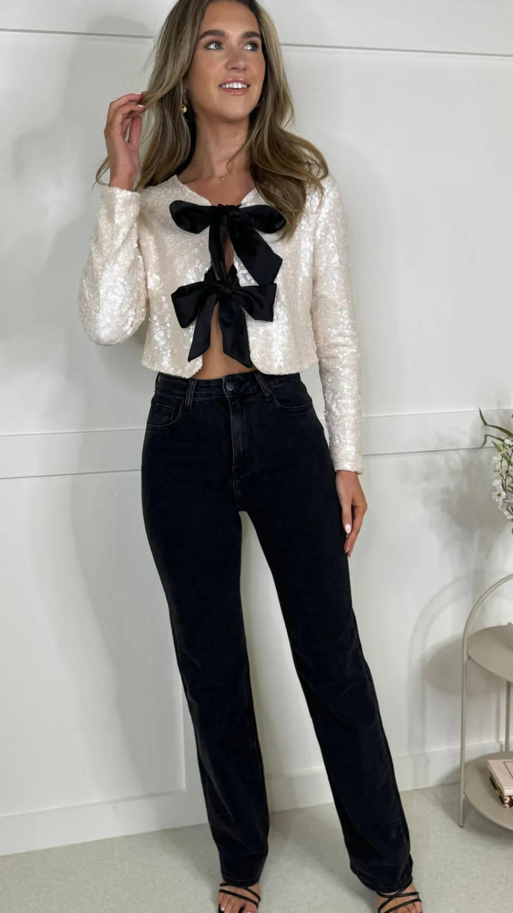 morgan_cream_sequin_with__5.webp BELLAVIE Tops^Morgan Cream Sequin With Black Bows Detail Top