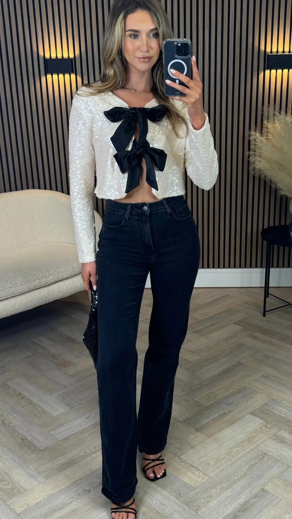 morgan_cream_sequin_with__8.webp BELLAVIE Tops^Morgan Cream Sequin With Black Bows Detail Top