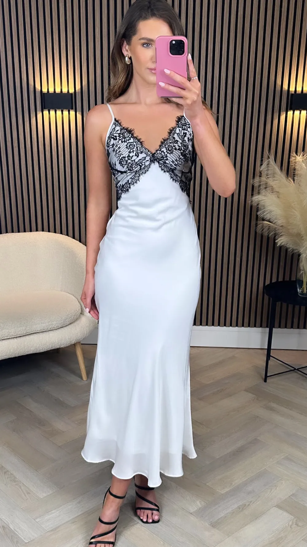 muireann_white_with_black_4.webp GIRL IN MIND Fitted Dresses | Going Out Dresses^Muireann White With Black Lace Slip Midi Dress