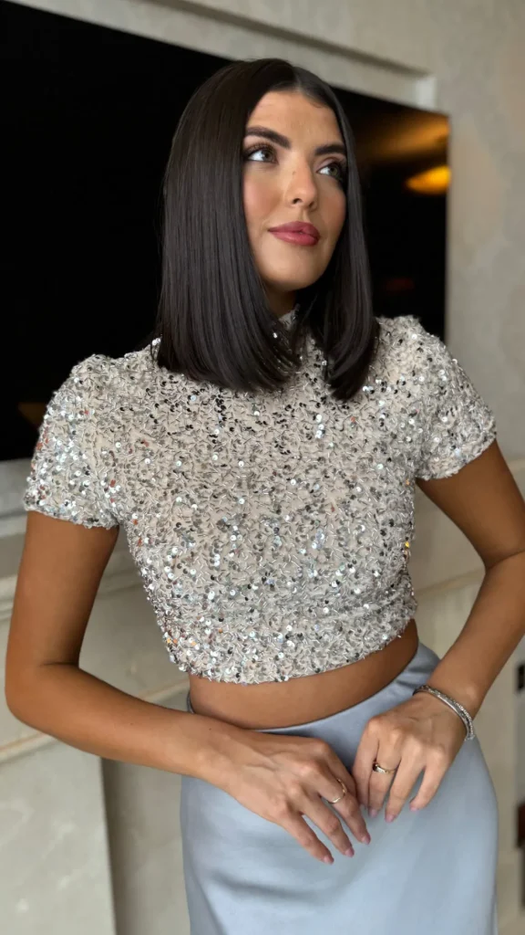 VERA LUCY Tops^Nancy Beige Sequin High Neck Crop Top