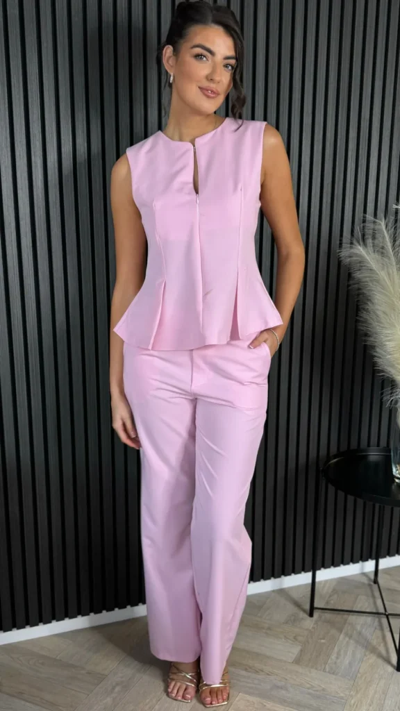 COPPEROSE Co-ords^Nanette Pink Zip Detail Sleeveless Top & Straight Leg Trousers Co Ord
