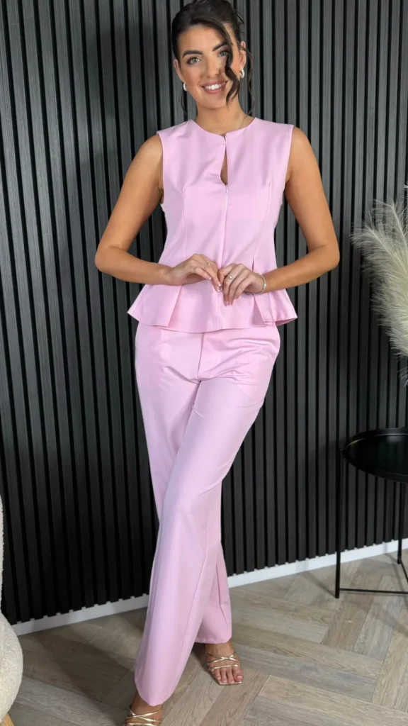 COPPEROSE Co-ords^Nanette Pink Zip Detail Sleeveless Top & Straight Leg Trousers Co Ord