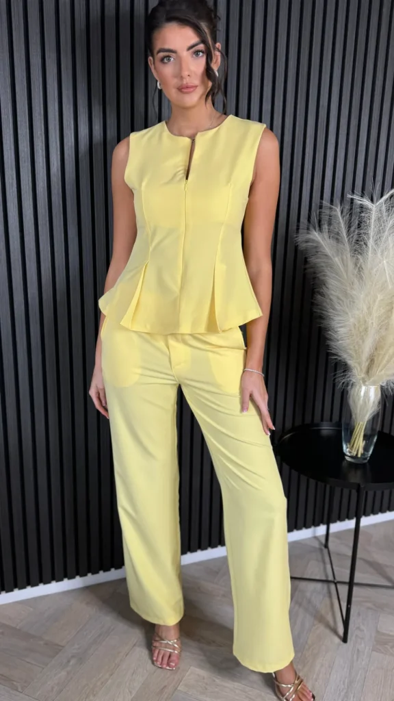 COPPEROSE Co-ords^Nanette Yellow Zip Detail Sleeveless Top & Straight Leg Trousers Co Ord