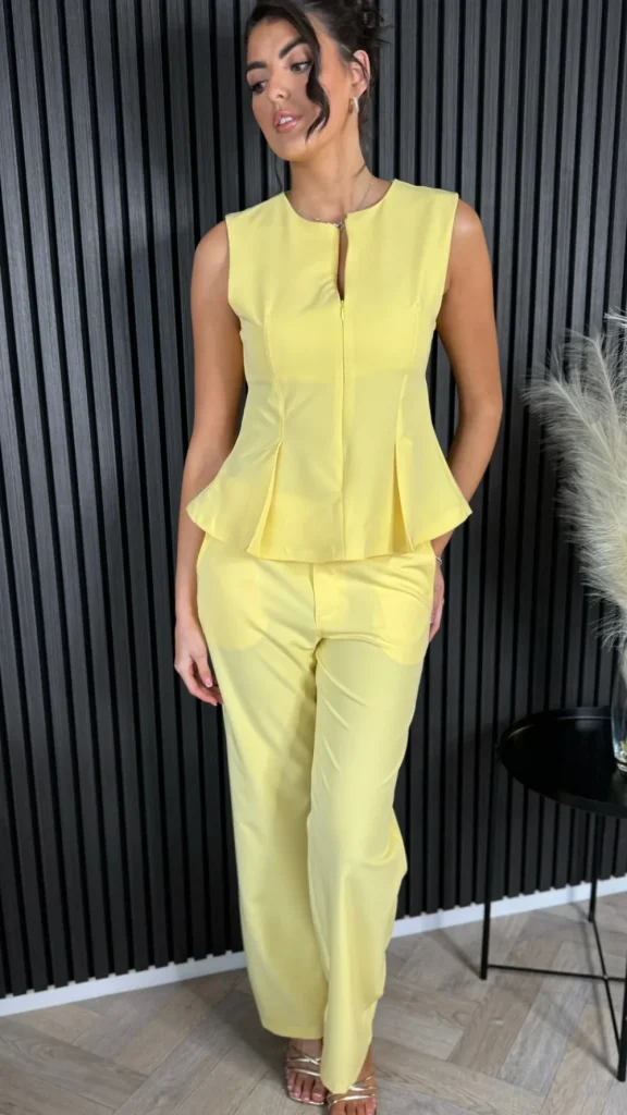COPPEROSE Co-ords^Nanette Yellow Zip Detail Sleeveless Top & Straight Leg Trousers Co Ord