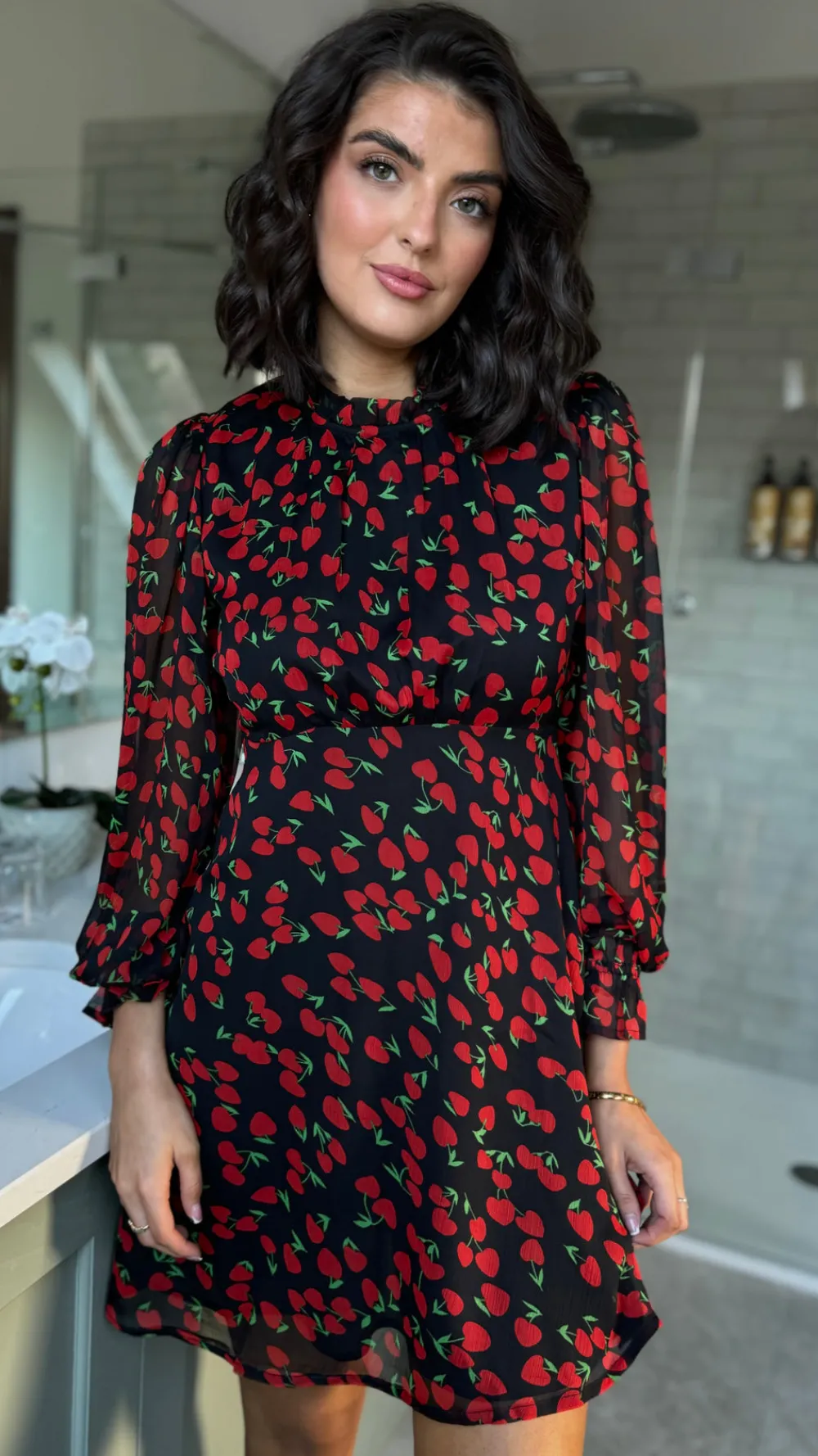 natalia_red_amp_black_che_0.webp INFLUENCE Day Dresses | Going Out Dresses^Natalia Red & Black Cherry Print Chiffon Skater Dress