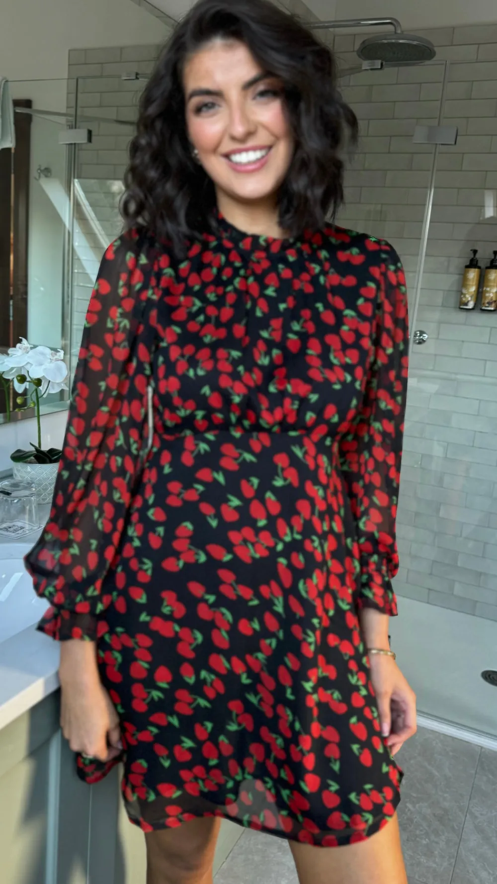 natalia_red_amp_black_che_1.webp INFLUENCE Day Dresses | Going Out Dresses^Natalia Red & Black Cherry Print Chiffon Skater Dress