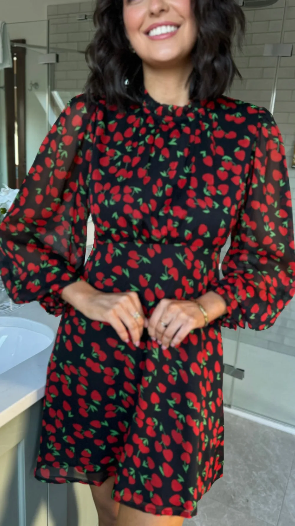 natalia_red_amp_black_che_2.webp INFLUENCE Day Dresses | Going Out Dresses^Natalia Red & Black Cherry Print Chiffon Skater Dress