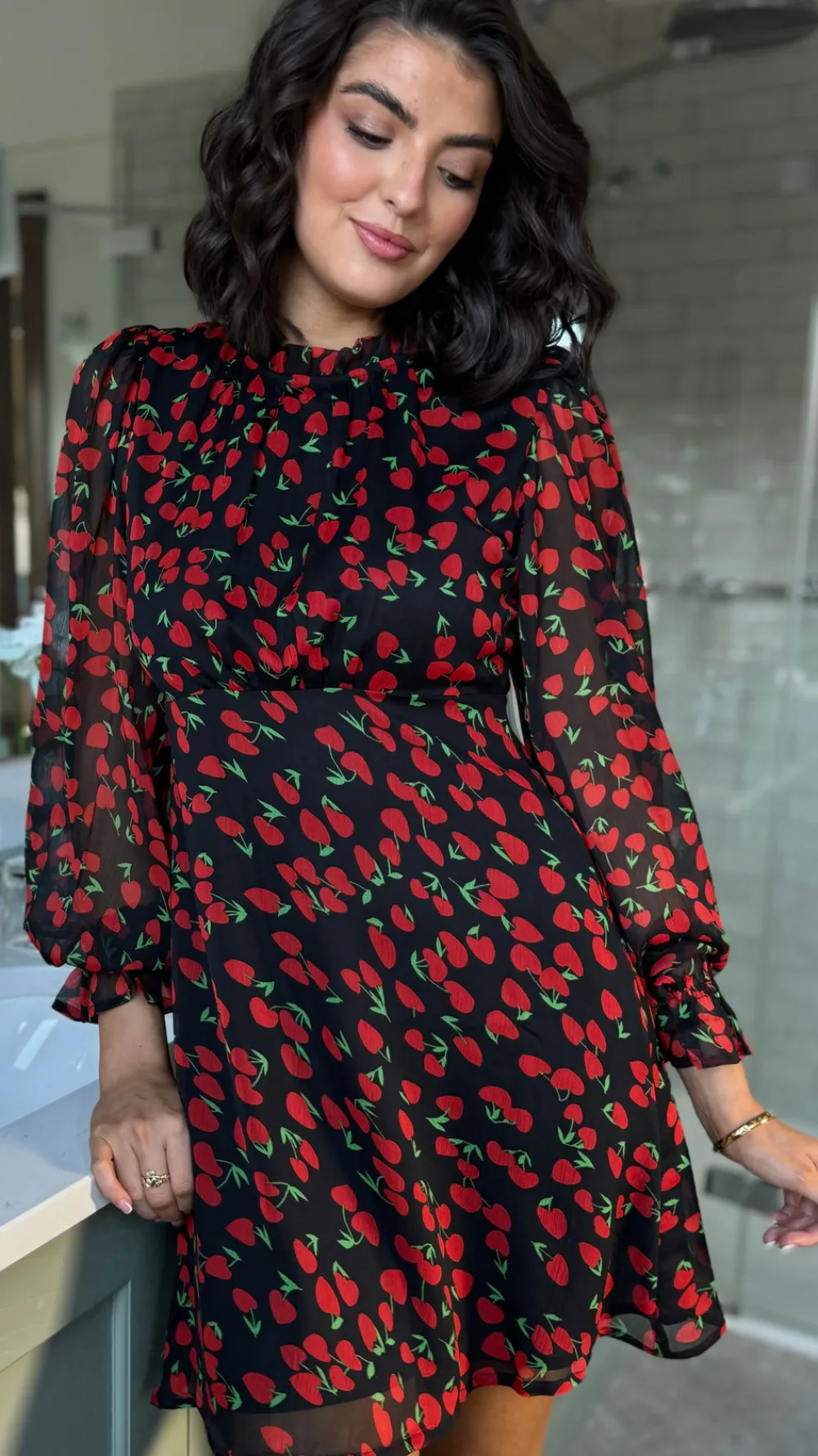 natalia_red_amp_black_che_3.webp INFLUENCE Day Dresses | Going Out Dresses^Natalia Red & Black Cherry Print Chiffon Skater Dress