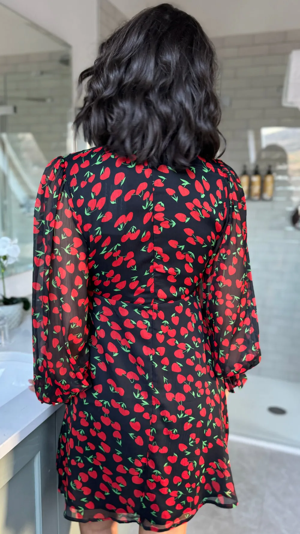 natalia_red_amp_black_che_4.webp INFLUENCE Day Dresses | Going Out Dresses^Natalia Red & Black Cherry Print Chiffon Skater Dress