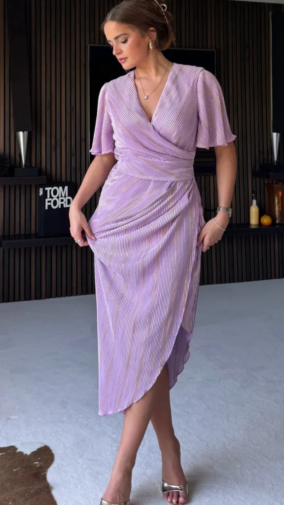 GIRL IN MIND Going Out Dresses | Occasion Dresses^Natalie Lilac Metallic Angel Sleeve Wrap Midi Dress