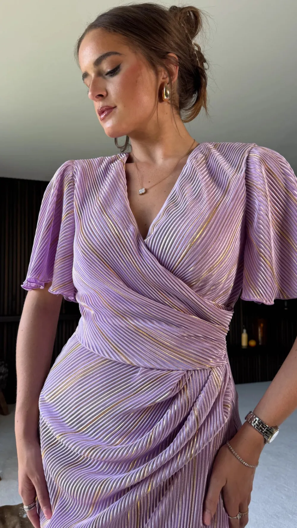 natalie_lilac_metallic_an_1.webp GIRL IN MIND Going Out Dresses | Occasion Dresses^Natalie Lilac Metallic Angel Sleeve Wrap Midi Dress