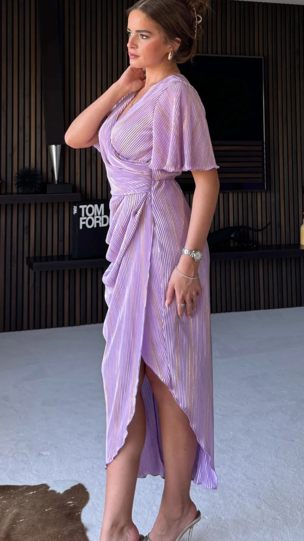natalie_lilac_metallic_an_2.webp GIRL IN MIND Going Out Dresses | Occasion Dresses^Natalie Lilac Metallic Angel Sleeve Wrap Midi Dress